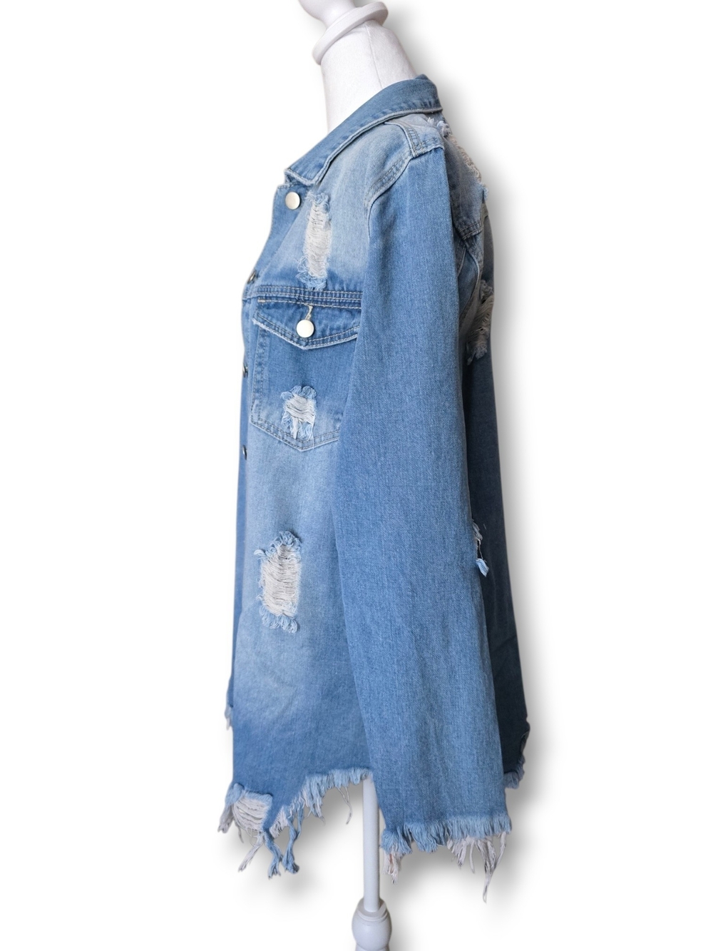 NWT American Bazi Distressed Long Light Blue Denim Jacket - Size Small - Picture 5 of 9